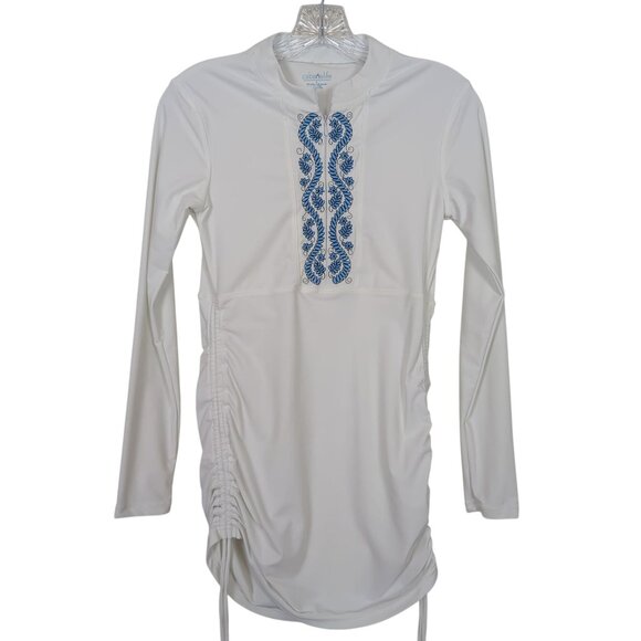 Cabana Life Womens Top sz S White Blue Embroidered convertible ruched rashguard - Picture 1 of 13